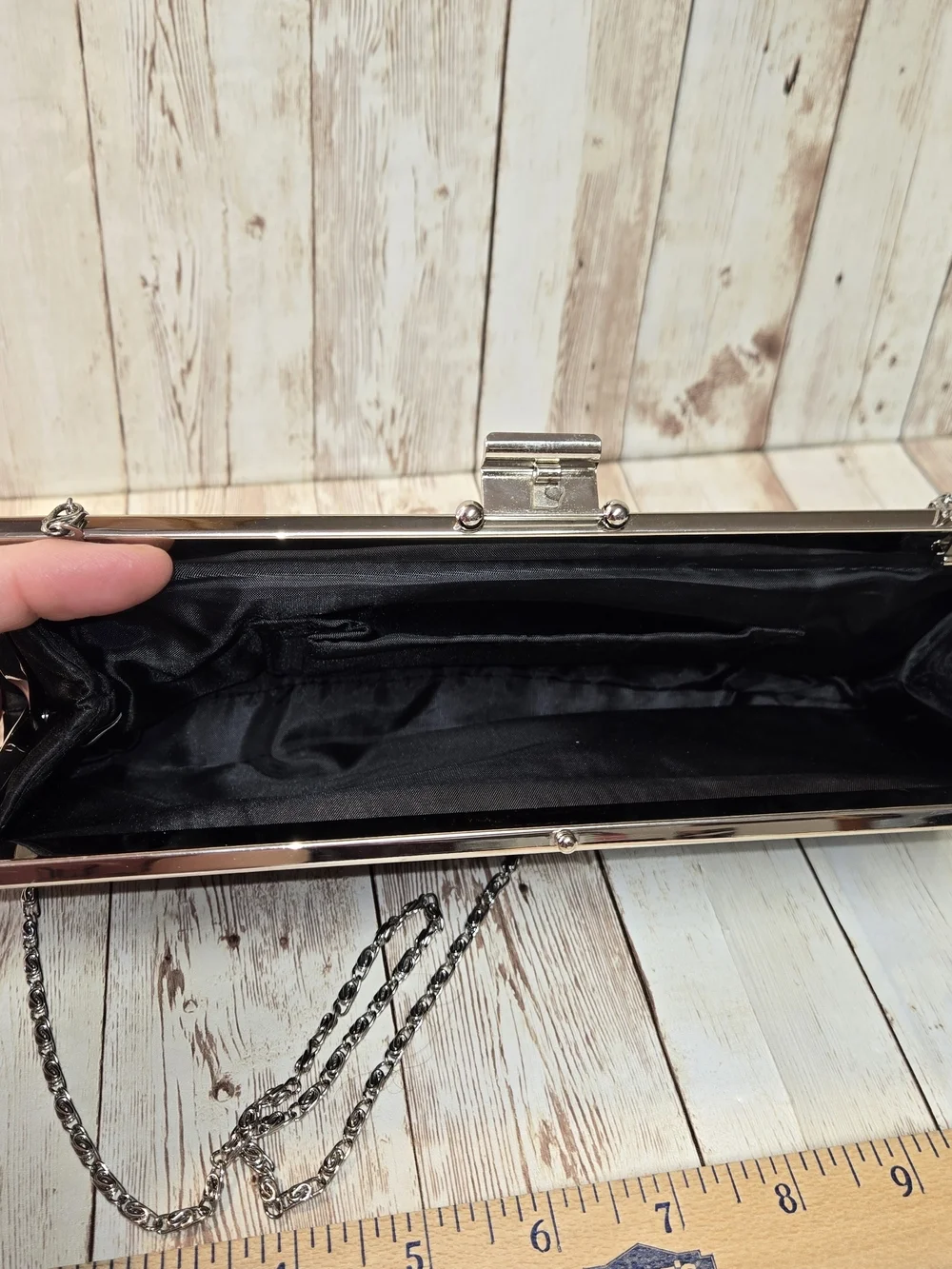 Jessica McClintock Black Satin Clutch Silver Chain Strap Evening Bag